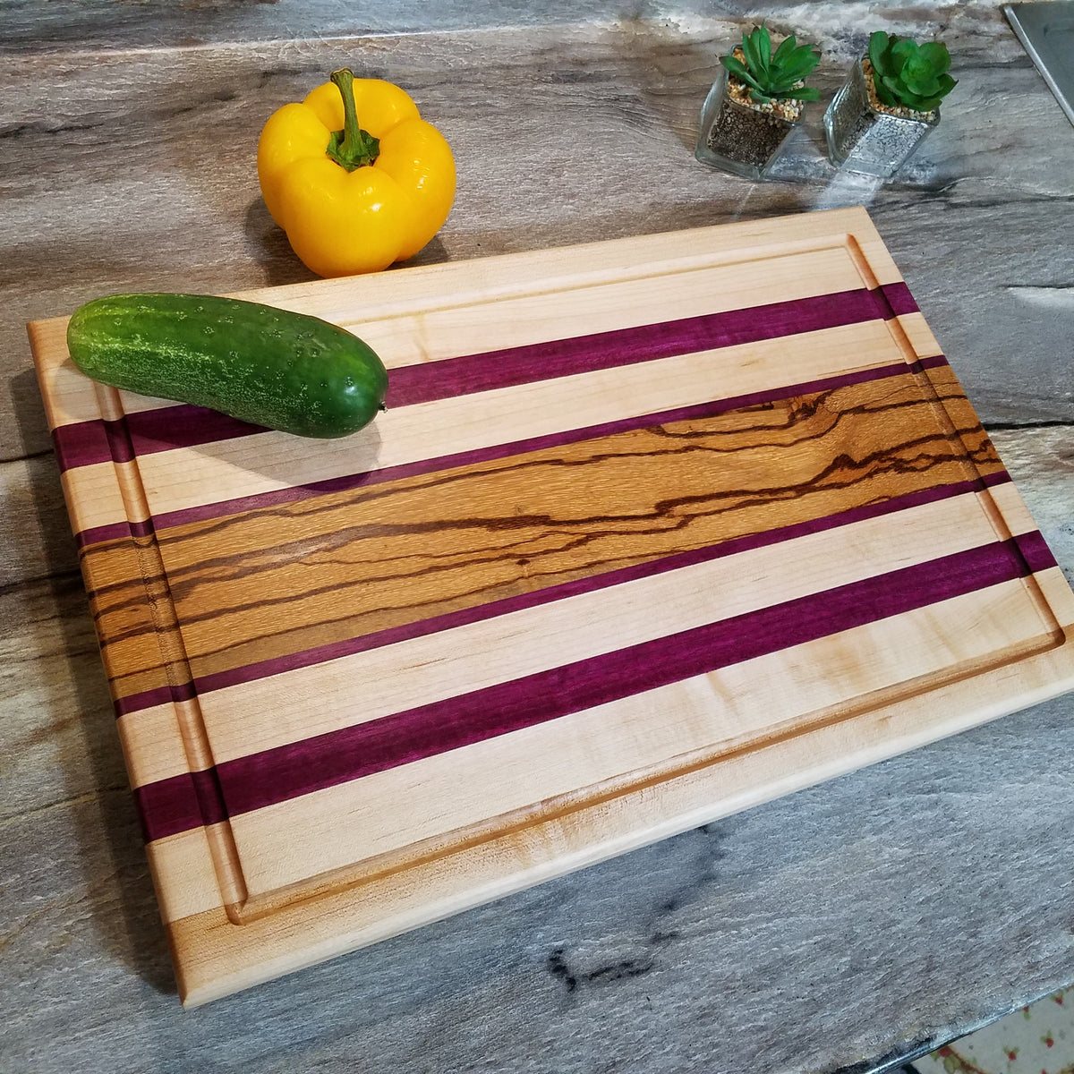 Hand-Crafted Exotic Hardwood Cutting Board - Zebrawood, Mapl